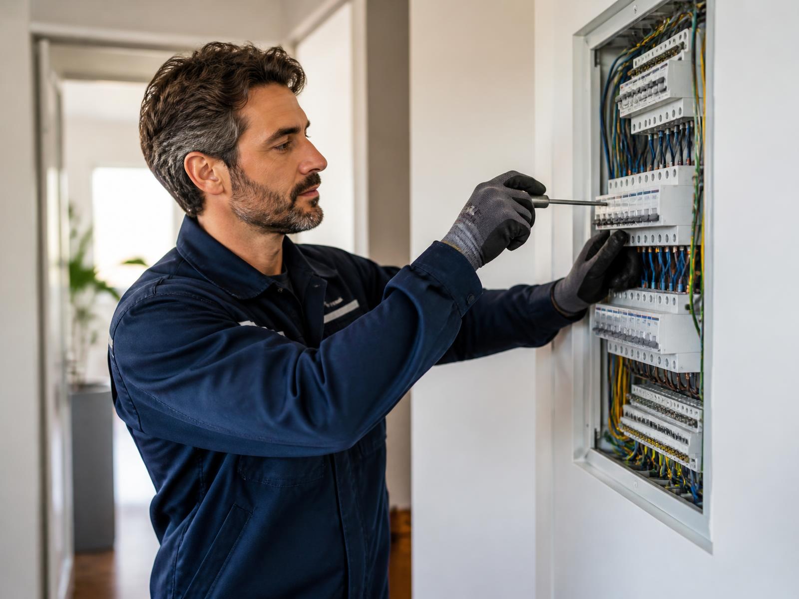 Elettricista che interviene su un quadro elettrico in un'abitazione